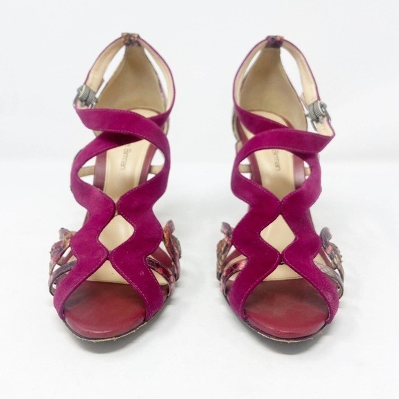 Alexandre Birman Burgundy Faux Suede Snakeskin Reptile Strappy Heels (37) 7 - Picture 3 of 6